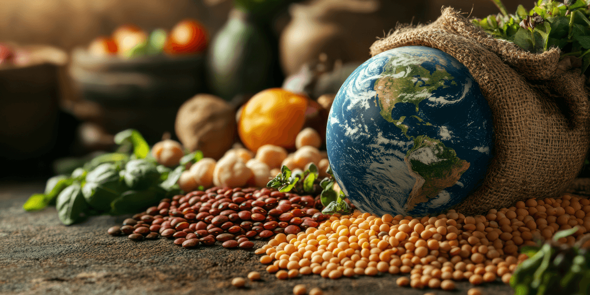 The Earth is encircled by an array of beans, vegetables, and various foods, symbolizing global agriculture and nutrition.