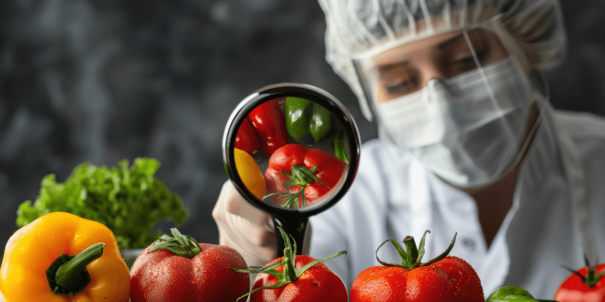 A person in a white coat examines fresh vegetables on a table, showcasing a focus on healthy food choices.
