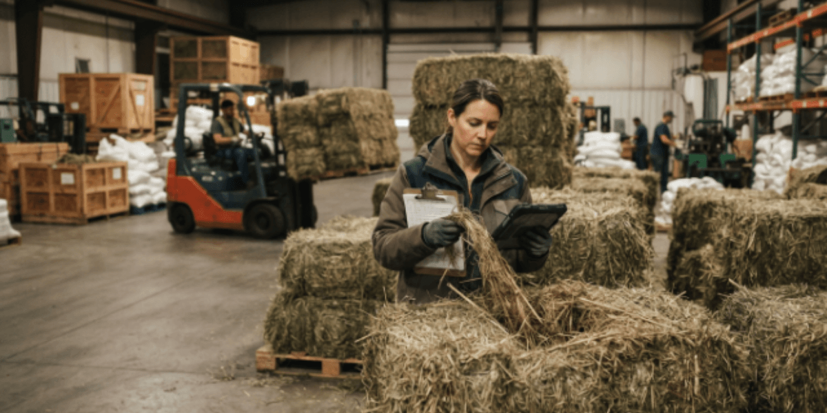A woman stands in a warehouse surrounded by stacked hay bales, showcasing a rural storage environment.